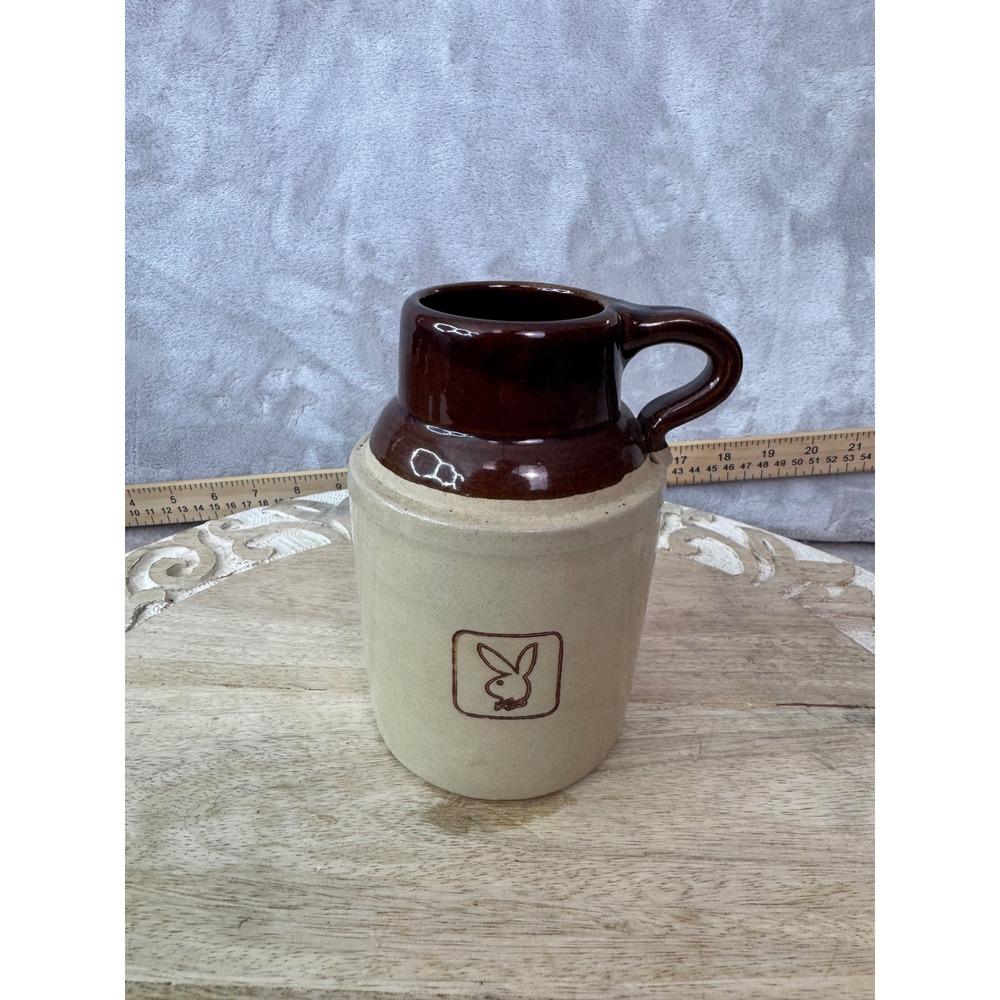 Vintage Playboy Bunny Stoneware Jug Mug Two Tone Brown Tan Ceramic USA Barware
